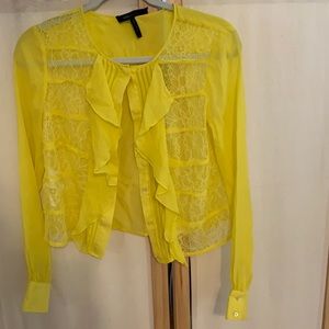 Blouse yellow neon ruffle lace BCBG tuxedo shirt